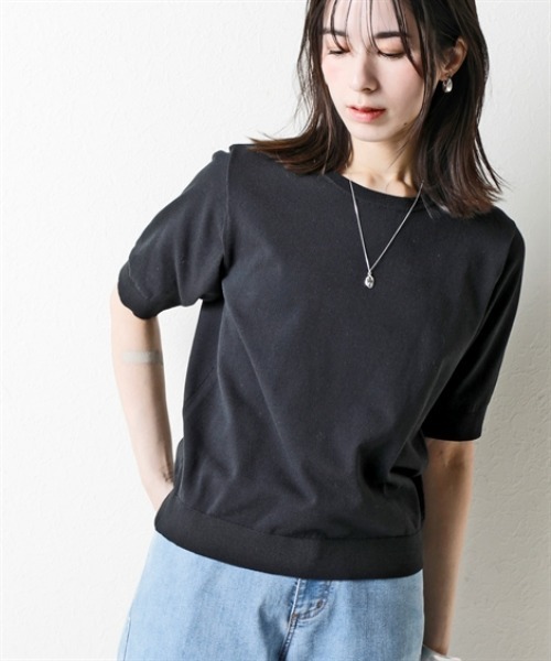 nissen（ニッセン）の「さらっとかるい綿混クルーネック半袖ニットトップス【接触冷感・毛玉になりにくい】＜大きいサイズ有＞（ニット/セーター・レディース・ブラック/ホワイト×ブラック/杢グレー/イエロー・S/M/L/LL/3L）」の14枚目の写真