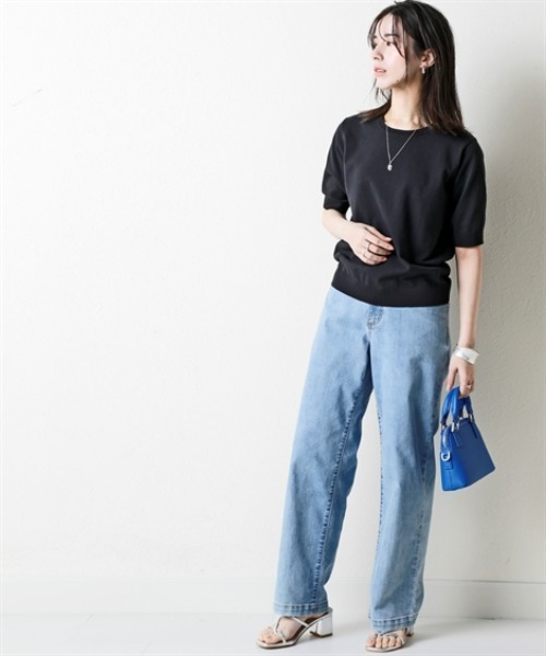 nissen（ニッセン）の「さらっとかるい綿混クルーネック半袖ニットトップス【接触冷感・毛玉になりにくい】＜大きいサイズ有＞（ニット/セーター・レディース・ブラック/ホワイト×ブラック/杢グレー/イエロー・S/M/L/LL/3L）」の11枚目の写真