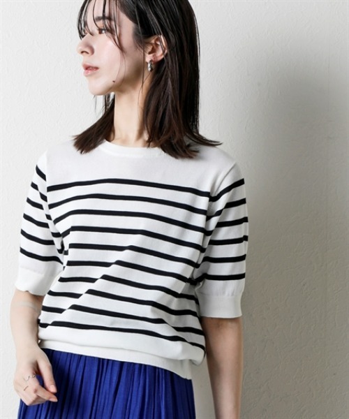 nissen（ニッセン）の「さらっとかるい綿混クルーネック半袖ニットトップス【接触冷感・毛玉になりにくい】＜大きいサイズ有＞（ニット/セーター・レディース・ブラック/ホワイト×ブラック/杢グレー/イエロー・S/M/L/LL/3L）」の16枚目の写真