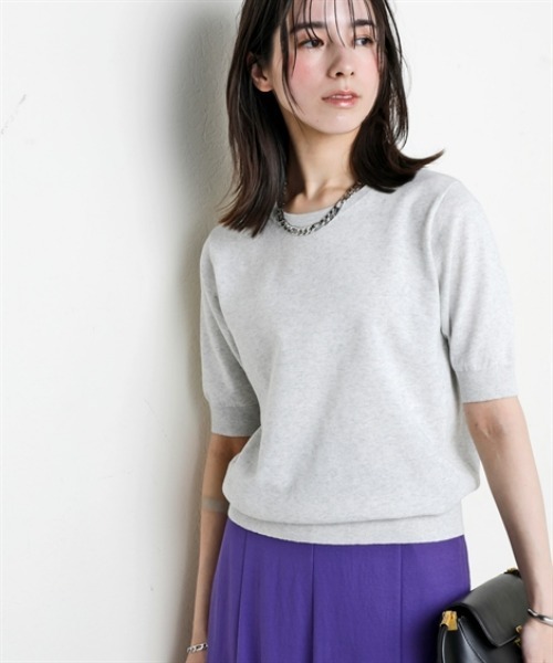 nissen（ニッセン）の「さらっとかるい綿混クルーネック半袖ニットトップス【接触冷感・毛玉になりにくい】＜大きいサイズ有＞（ニット/セーター・レディース・ブラック/ホワイト×ブラック/杢グレー/イエロー・S/M/L/LL/3L）」の10枚目の写真