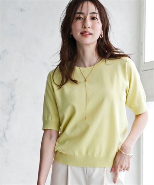 nissen（ニッセン）の「さらっとかるい綿混クルーネック半袖ニットトップス【接触冷感・毛玉になりにくい】＜大きいサイズ有＞（ニット/セーター・レディース・ブラック/ホワイト×ブラック/杢グレー/イエロー・S/M/L/LL/3L）」の6枚目の写真