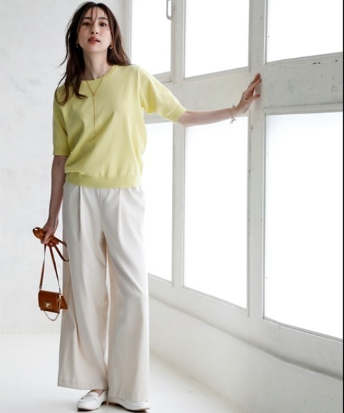 nissen（ニッセン）の「さらっとかるい綿混クルーネック半袖ニットトップス【接触冷感・毛玉になりにくい】＜大きいサイズ有＞（ニット/セーター・レディース・ブラック/ホワイト×ブラック/杢グレー/イエロー・S/M/L/LL/3L）」の5枚目の写真