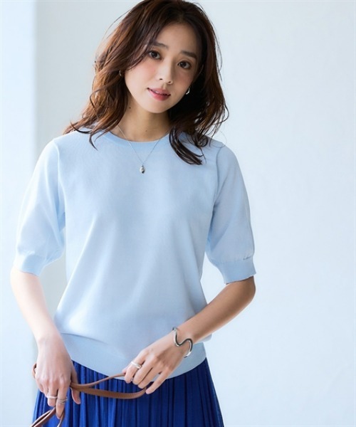 nissen(ニッセン)の「さらっとかるい綿混クルーネック半袖ニットトップス【接触冷感・毛玉になりにくい】<大きいサイズ有>(ニット/セーター・レディース・ブラック/ホワイト×ブラック/杢グレー/イエロー/サックスブルー/モカ・S/M/L/LL/3L)」の21枚目の写真