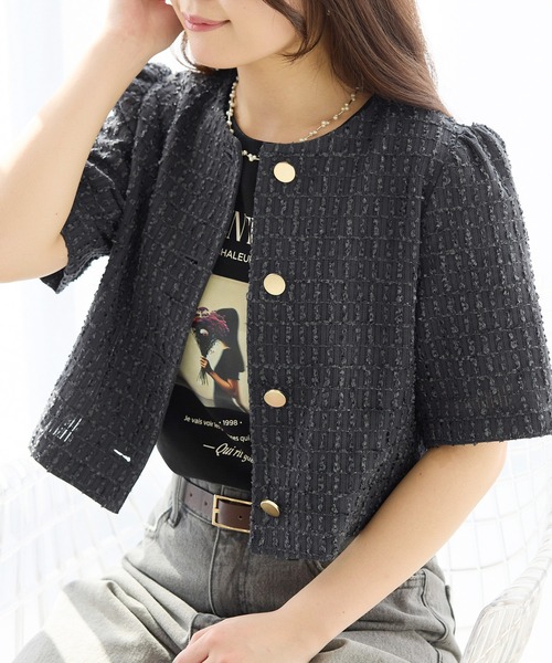 ROPE' PICNIC（ロペピクニック）の「【サマー・ツイード】金ボタンカーディジャケット（ノーカラージャケット・レディース・ライトグレー/ホワイト/ネイビー/チャコールグレー・38）」の11枚目の写真