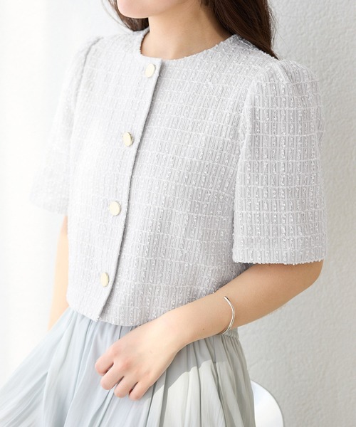 ROPE' PICNIC（ロペピクニック）の「【サマー・ツイード】金ボタンカーディジャケット（ノーカラージャケット・レディース・ライトグレー/ホワイト/ネイビー/チャコールグレー・38）」の14枚目の写真