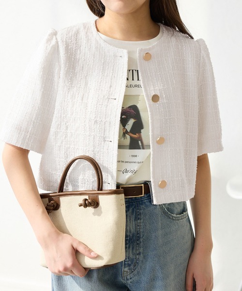 ROPE' PICNIC（ロペピクニック）の「【サマー・ツイード】金ボタンカーディジャケット（ノーカラージャケット・レディース・ライトグレー/ホワイト/ネイビー/チャコールグレー・38）」の15枚目の写真