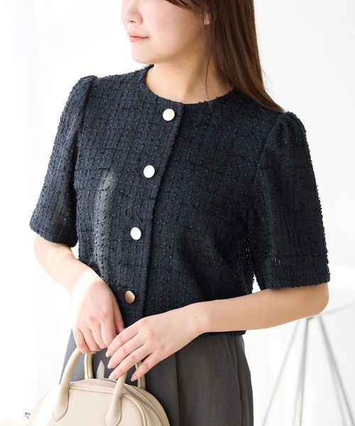 ROPE' PICNIC（ロペピクニック）の「【サマー・ツイード】金ボタンカーディジャケット（ノーカラージャケット・レディース・ライトグレー/ホワイト/ネイビー/チャコールグレー・38）」の19枚目の写真
