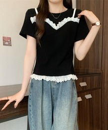 レースフリルキャミソールレイヤード風Tシャツ フェイクレイヤードトップス 日常&シンプル
