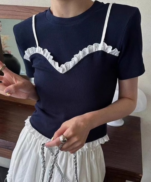 gossip!ロサンゼルス(ゴシップロサンゼルス)の「レースフリルキャミソールレイヤード風Tシャツ フェイクレイヤードトップス 日常&シンプル(Tシャツ/カットソー・レディース・ブラック/グレー/ネイビー・FREE)」の20枚目の写真