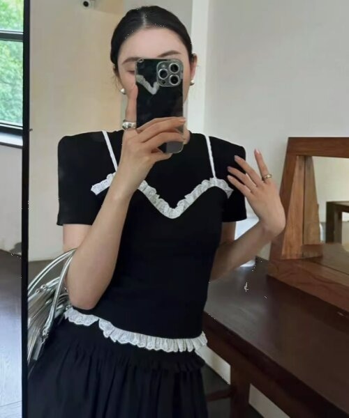 gossip!ロサンゼルス(ゴシップロサンゼルス)の「レースフリルキャミソールレイヤード風Tシャツ フェイクレイヤードトップス 日常&シンプル(Tシャツ/カットソー・レディース・ブラック/グレー/ネイビー・FREE)」の22枚目の写真