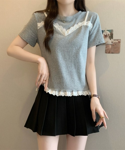 gossip!ロサンゼルス(ゴシップロサンゼルス)の「レースフリルキャミソールレイヤード風Tシャツ フェイクレイヤードトップス 日常&シンプル(Tシャツ/カットソー・レディース・ブラック/グレー/ネイビー・FREE)」の17枚目の写真