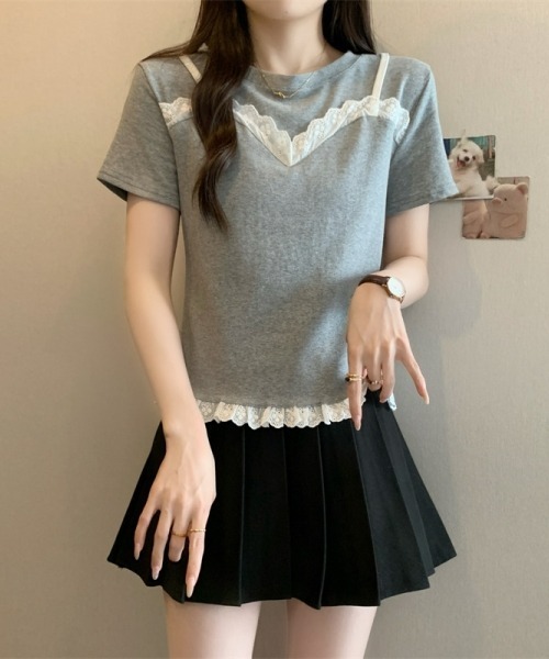 gossip!ロサンゼルス(ゴシップロサンゼルス)の「レースフリルキャミソールレイヤード風Tシャツ フェイクレイヤードトップス 日常&シンプル(Tシャツ/カットソー・レディース・ブラック/グレー/ネイビー・FREE)」の18枚目の写真