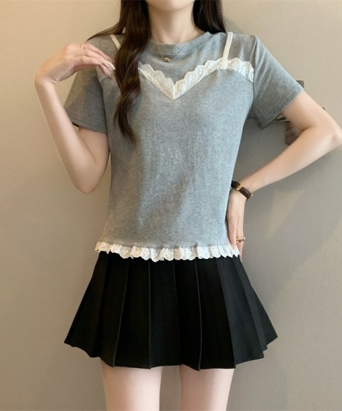 gossip!ロサンゼルス(ゴシップロサンゼルス)の「レースフリルキャミソールレイヤード風Tシャツ フェイクレイヤードトップス 日常&シンプル(Tシャツ/カットソー・レディース・ブラック/グレー/ネイビー・FREE)」の19枚目の写真