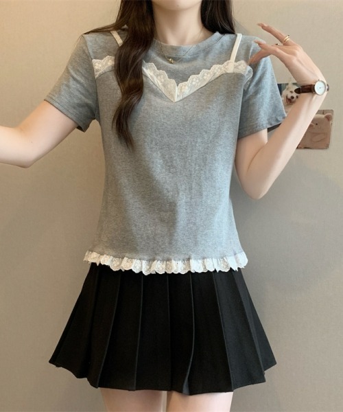 gossip!ロサンゼルス(ゴシップロサンゼルス)の「レースフリルキャミソールレイヤード風Tシャツ フェイクレイヤードトップス 日常&シンプル(Tシャツ/カットソー・レディース・ブラック/グレー/ネイビー・FREE)」の15枚目の写真