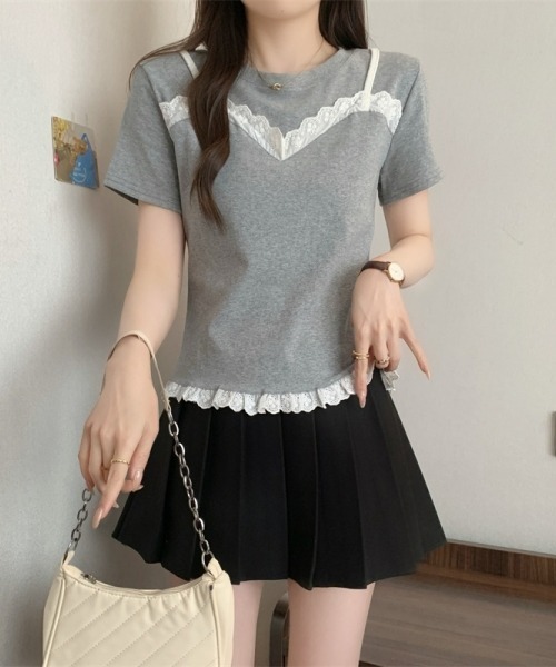 gossip!ロサンゼルス(ゴシップロサンゼルス)の「レースフリルキャミソールレイヤード風Tシャツ フェイクレイヤードトップス 日常&シンプル(Tシャツ/カットソー・レディース・ブラック/グレー/ネイビー・FREE)」の13枚目の写真