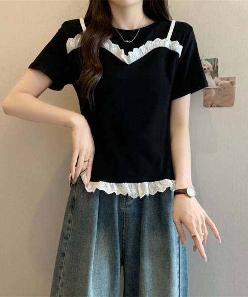 gossip!ロサンゼルス(ゴシップロサンゼルス)の「レースフリルキャミソールレイヤード風Tシャツ フェイクレイヤードトップス 日常&シンプル(Tシャツ/カットソー・レディース・ブラック/グレー/ネイビー・FREE)」の4枚目の写真