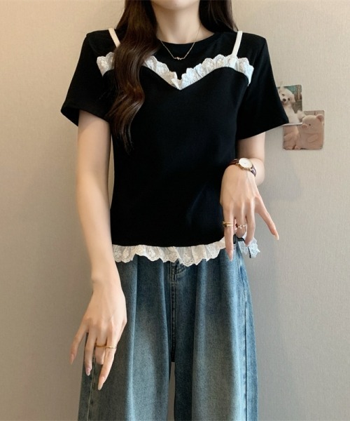 gossip!ロサンゼルス(ゴシップロサンゼルス)の「レースフリルキャミソールレイヤード風Tシャツ フェイクレイヤードトップス 日常&シンプル(Tシャツ/カットソー・レディース・ブラック/グレー/ネイビー・FREE)」の5枚目の写真