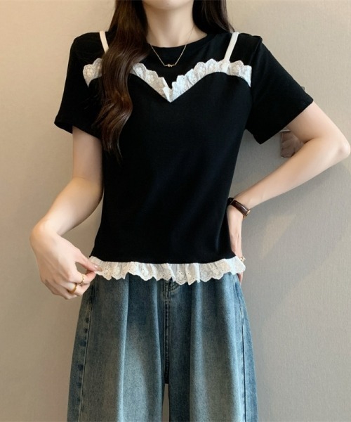 gossip!ロサンゼルス(ゴシップロサンゼルス)の「レースフリルキャミソールレイヤード風Tシャツ フェイクレイヤードトップス 日常&シンプル(Tシャツ/カットソー・レディース・ブラック/グレー/ネイビー・FREE)」の6枚目の写真