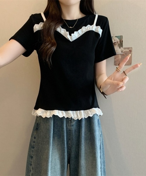 gossip!ロサンゼルス(ゴシップロサンゼルス)の「レースフリルキャミソールレイヤード風Tシャツ フェイクレイヤードトップス 日常&シンプル(Tシャツ/カットソー・レディース・ブラック/グレー/ネイビー・FREE)」の7枚目の写真
