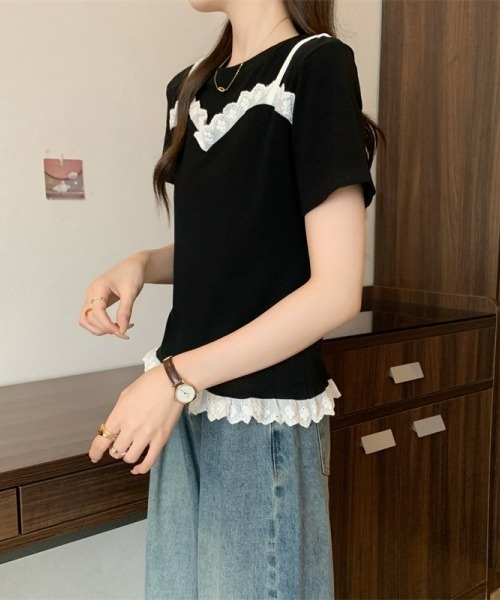 gossip!ロサンゼルス(ゴシップロサンゼルス)の「レースフリルキャミソールレイヤード風Tシャツ フェイクレイヤードトップス 日常&シンプル(Tシャツ/カットソー・レディース・ブラック/グレー/ネイビー・FREE)」の9枚目の写真