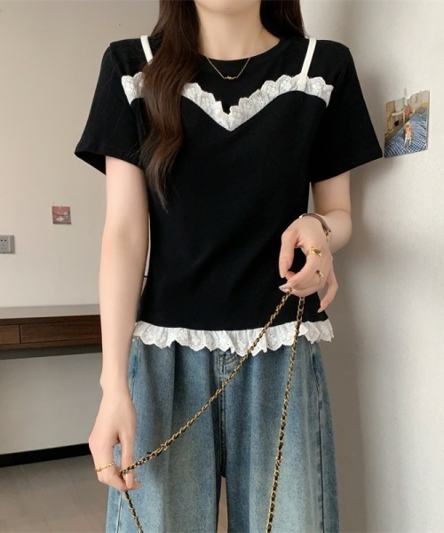 gossip!ロサンゼルス(ゴシップロサンゼルス)の「レースフリルキャミソールレイヤード風Tシャツ フェイクレイヤードトップス 日常&シンプル(Tシャツ/カットソー・レディース・ブラック/グレー/ネイビー・FREE)」の10枚目の写真
