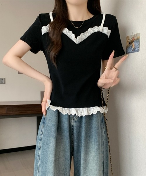 gossip!ロサンゼルス(ゴシップロサンゼルス)の「レースフリルキャミソールレイヤード風Tシャツ フェイクレイヤードトップス 日常&シンプル(Tシャツ/カットソー・レディース・ブラック/グレー/ネイビー・FREE)」の11枚目の写真