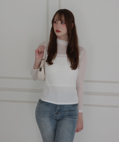 CeLess(セレス)の「See-through Mellow Glitter High Neck / シースルーメロウグリッターハイネック(Tシャツ/カットソー・レディース・ブラック/ホワイト・S/M)」の1枚目の写真