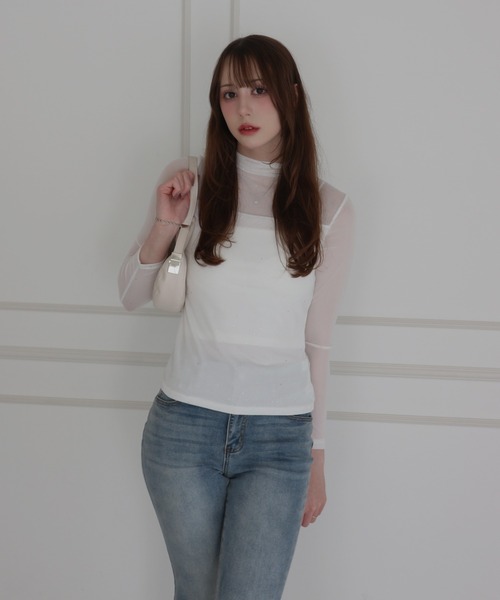 CeLess(セレス)の「See-through Mellow Glitter High Neck / シースルーメロウグリッターハイネック(Tシャツ/カットソー・レディース・ブラック/ホワイト・S/M)」の7枚目の写真
