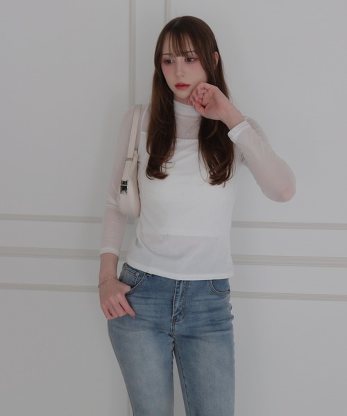 CeLess(セレス)の「See-through Mellow Glitter High Neck / シースルーメロウグリッターハイネック(Tシャツ/カットソー・レディース・ブラック/ホワイト・S/M)」の8枚目の写真