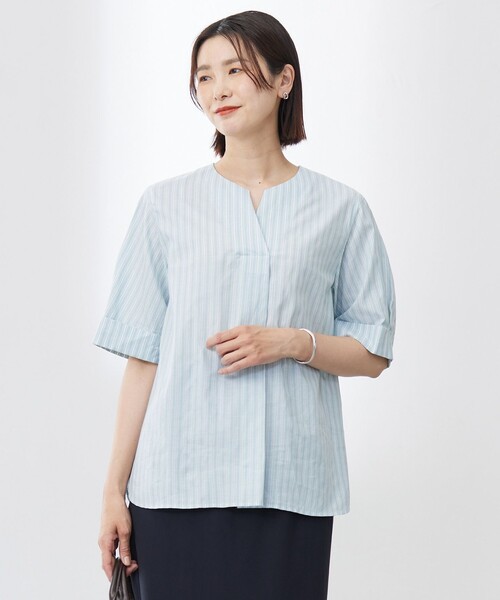 J.PRESS Ladies(J.プレス レディス)の「【洗える】BEZ 空羽ストライプ クルーネック ブラウス(シャツ/ブラウス・レディース・ネイビー系1/ピーコックグリーン系1/ホワイト系1/ピンク系1・XS)」の2枚目の写真