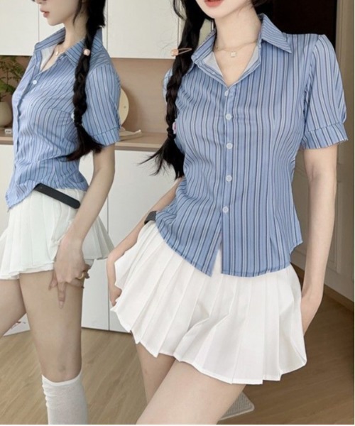 AsheKsha(アシクシャ)の「【新作】ストライプ ウエストシェイプシャツ(シャツ/ブラウス・レディース・ブルー・S/M/XS/L)」の2枚目の写真