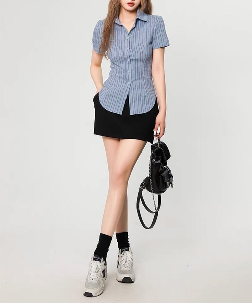 AsheKsha(アシクシャ)の「【新作】ストライプ ウエストシェイプシャツ(シャツ/ブラウス・レディース・ブルー・S/M/XS/L)」の5枚目の写真