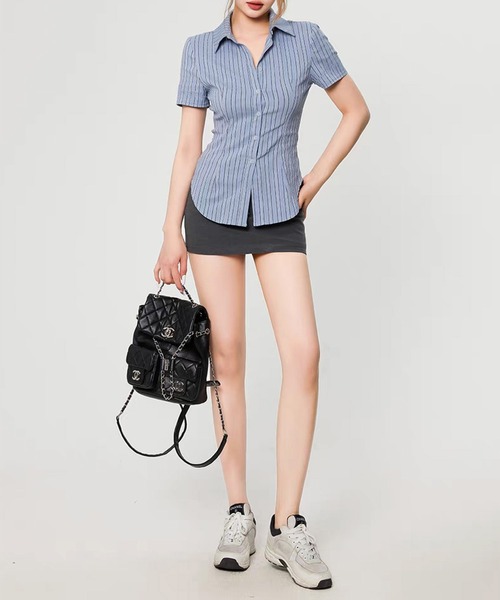 AsheKsha(アシクシャ)の「【新作】ストライプ ウエストシェイプシャツ(シャツ/ブラウス・レディース・ブルー・S/M/XS/L)」の6枚目の写真
