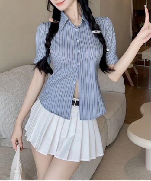 AsheKsha(アシクシャ)の「【新作】ストライプ ウエストシェイプシャツ(シャツ/ブラウス・レディース・ブルー・S/M/XS/L)」の7枚目の写真