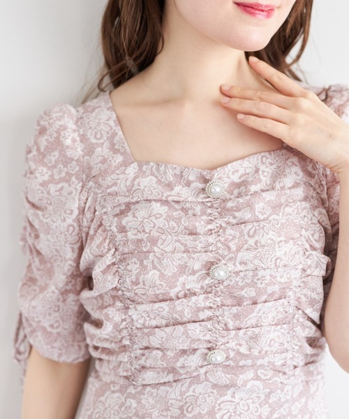 tocco 後ろリボン＆飾り釦付きオパールフラワープリントワンピース tocco closet 後ろリボン＆飾り釦付きオパールフラワープリント