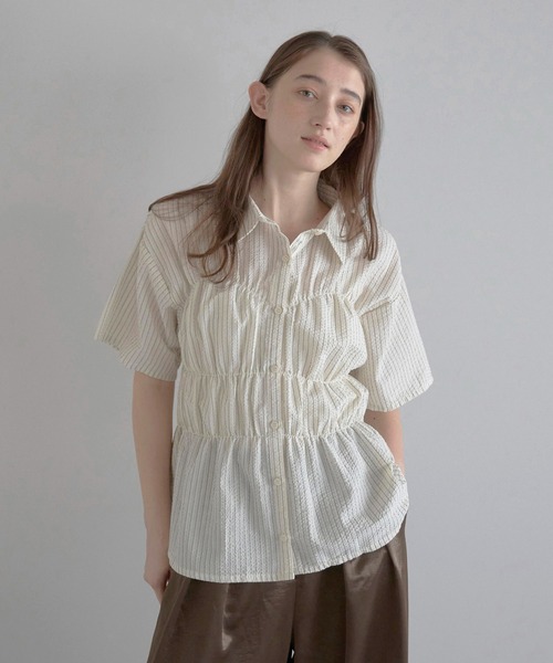 ブラウス シャツ 「MINERTE」bustier style shirt / シャーリングビスチェ風ストライプシャツ レディース MINERTE】bustier style shirt / シャーリングビスチェ風