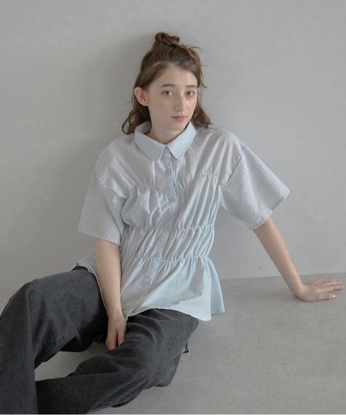 bustier style shirt / シャーリングビスチェ風ストライプシャツ