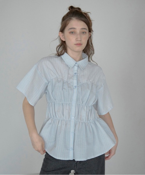 ブラウス シャツ 「MINERTE」bustier style shirt / シャーリングビスチェ風ストライプシャツ レディース MINERTE】bustier style shirt / シャーリングビスチェ風