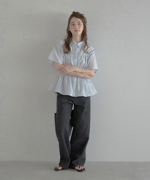 ブラウス シャツ 「MINERTE」bustier style shirt / シャーリングビスチェ風ストライプシャツ レディース MINERTE】bustier style shirt / シャーリングビスチェ風