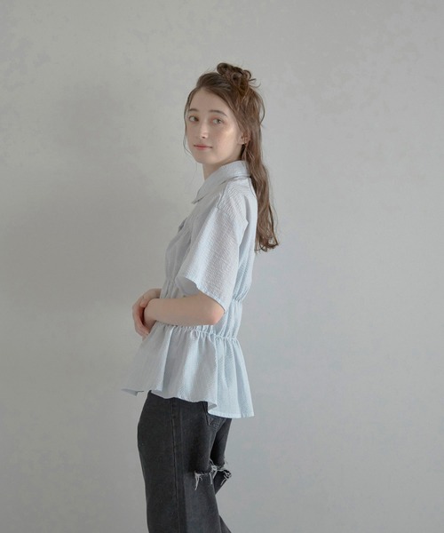 ブラウス シャツ 「MINERTE」bustier style shirt / シャーリングビスチェ風ストライプシャツ レディース セール】【MINERTE】bustier style shirt / シャーリング