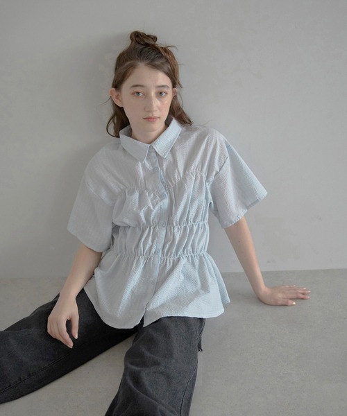 ブラウス シャツ 「MINERTE」bustier style shirt / シャーリングビスチェ風ストライプシャツ レディース MINERTE】bustier style shirt / シャーリングビスチェ風