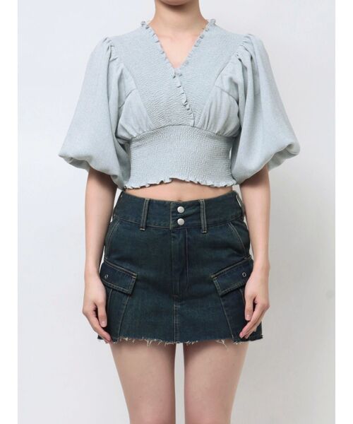EMODA（エモダ）の「SHIRRING MINI TOP（Tシャツ/カットソー・レディース・グレー/ホワイト/ブルー/ピンク・FREE）」の3枚目の写真
