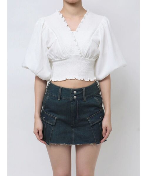EMODA（エモダ）の「SHIRRING MINI TOP（Tシャツ/カットソー・レディース・グレー/ホワイト/ブルー/ピンク・FREE）」の5枚目の写真