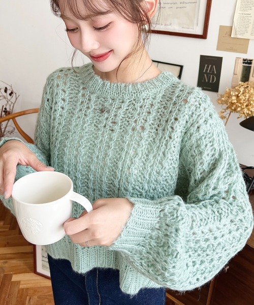 セール】モヘアライク透かし編みショートニットプルオーバー（ニット