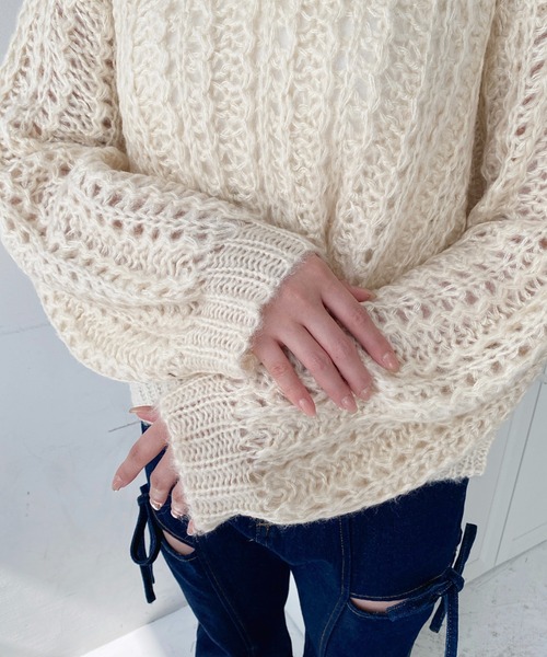 セール】モヘアライク透かし編みショートニットプルオーバー（ニット