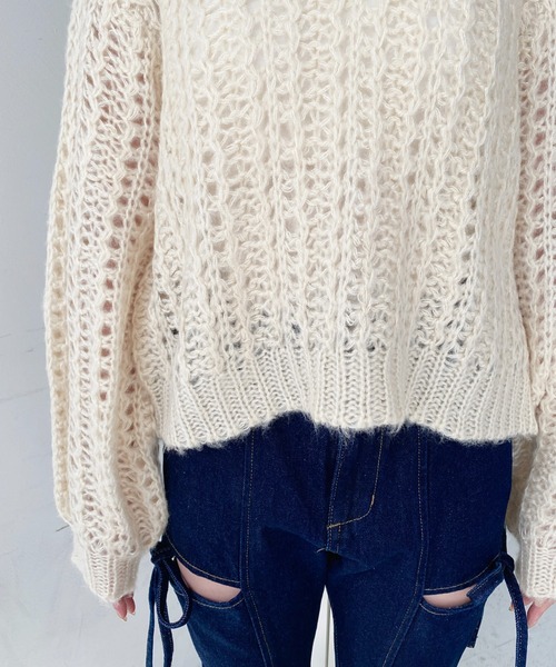 セール】モヘアライク透かし編みショートニットプルオーバー（ニット