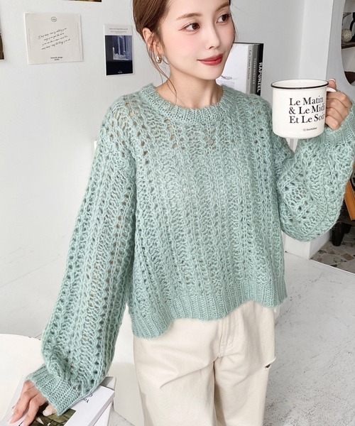 セール】モヘアライク透かし編みショートニットプルオーバー（ニット