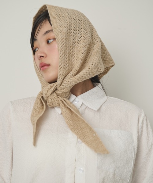 透かし編みニットヘッドスカーフ（ストール/ショール）｜full