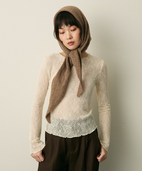 透かし編みニットヘッドスカーフ（ストール/ショール）｜full