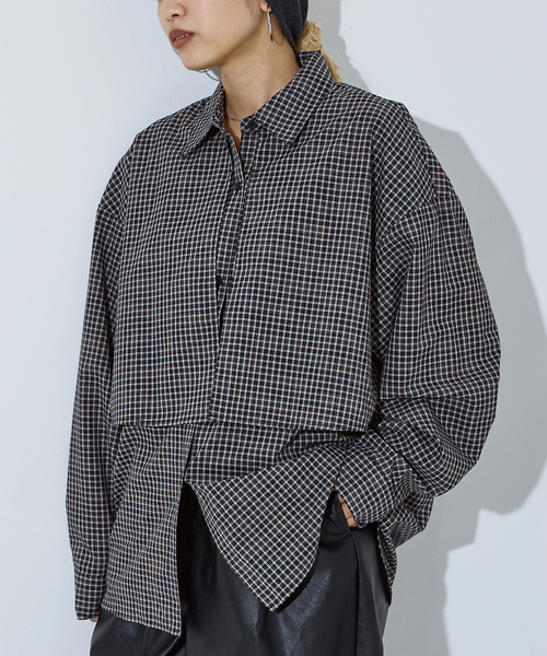 NOMINE（ノミネ）の「【ユニセックス】ロングヨーク オーバーサイズ チェックシャツ（シャツ/ブラウス・レディース・ブラック/ブラウン・フリー）」の2枚目の写真